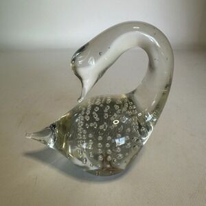 Vintage Hand Blown Art Glass Swan Figurine Paperweight with Controlled Bubbles